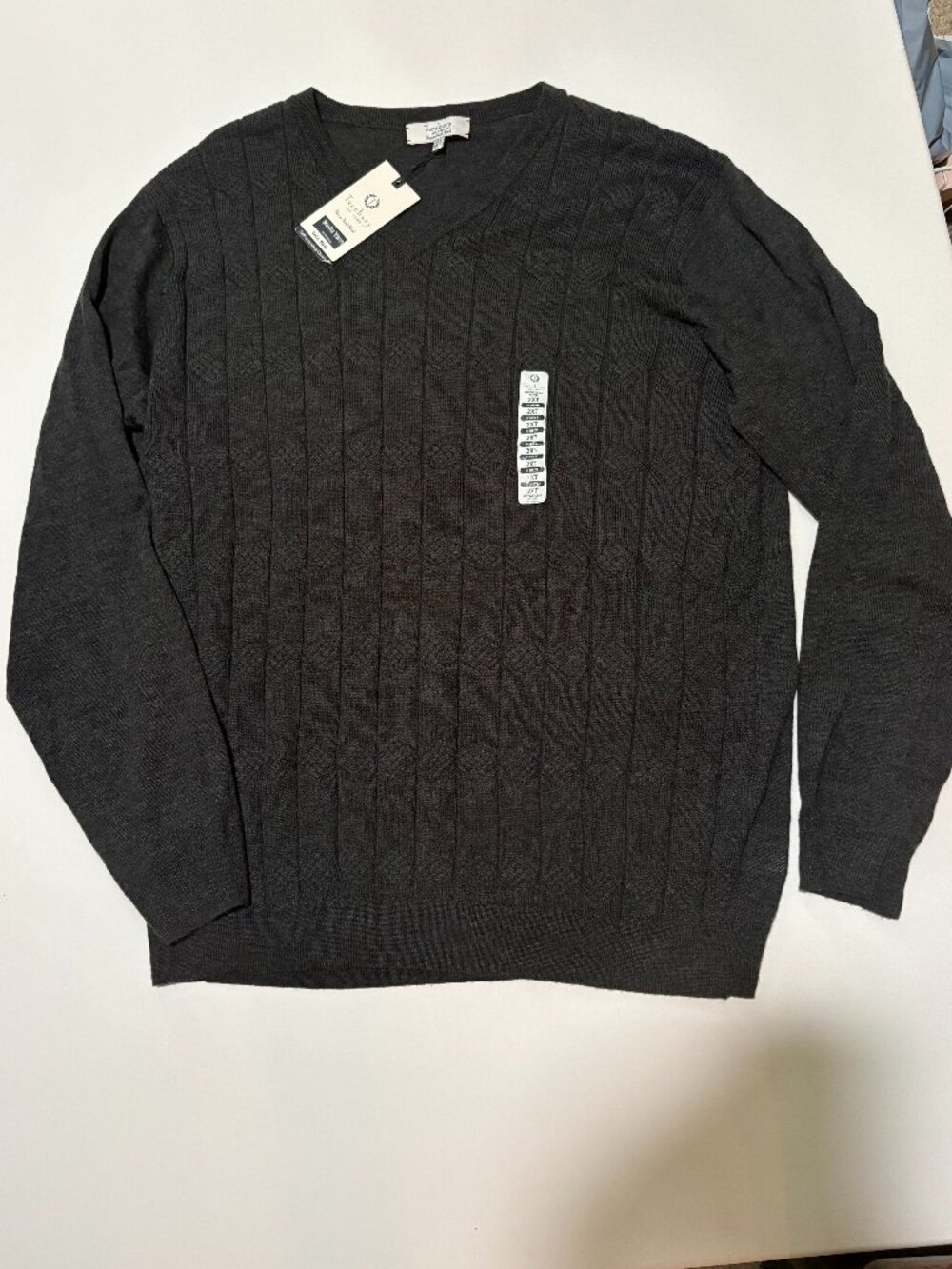Turnbury Men 2XT Gray Merino Wool Blend V-Neck Sweater Big & Tall Cable Knit New